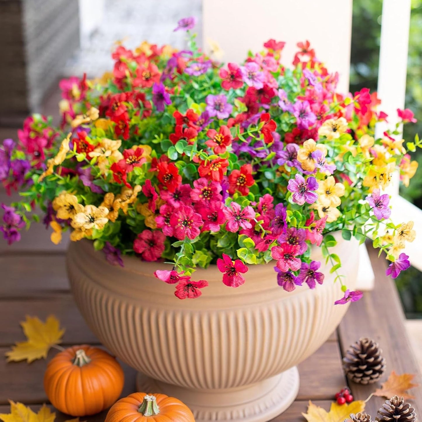 Artificial Flowers for Outdoor Indoor Garden Home Decoration, Faux Flower Daisy with Eucalyptus Leaves Fake Plants Greenery Boxwood Porch Patio, 12 Bundles (Mix Pink Red Purple Yellow)