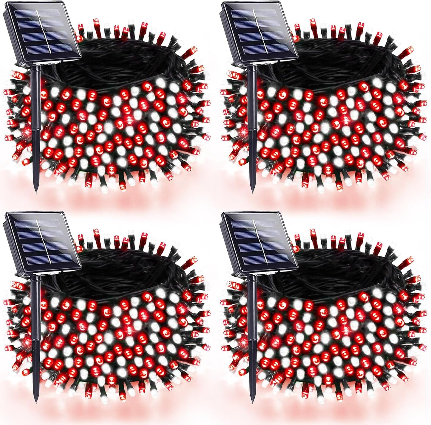 4 Pack 180FT Solar Christmas Lights Outdoor Waterproof, Super Bright 320 LED Solar String Lights with 8 Lighting Modes, Green Wire Twinkle Tree Light for Outside Xmas Party Decorations (Red and White)