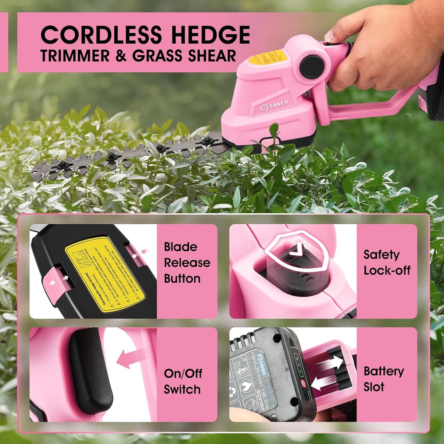 Saker Cordless Hedge Trimmer-20V Electric Shrub Trimmer Grass Shears Handheld Grass Cutter, Hedge Shear with 1 PCS Rechargeable Battery and Charger for Garden, Lawn(Pink)