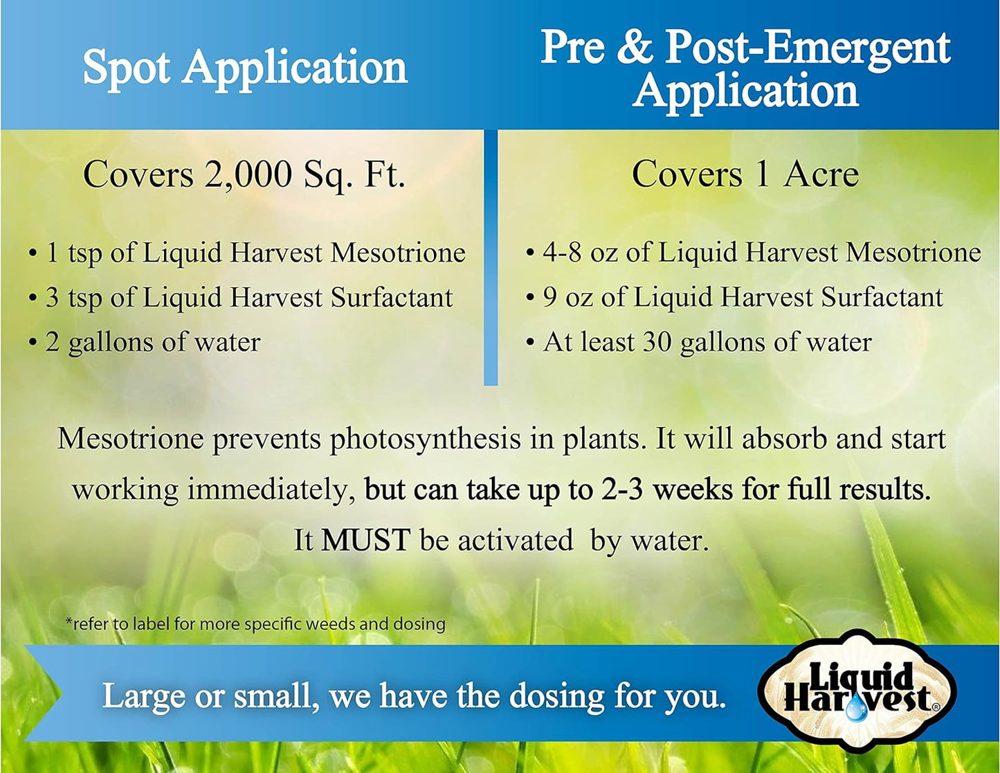 Liquid Harvest Mesotrione - 8oz - Mesotrione Concentrate (Compare to Tenacity) - Pre and Post-Emergent Weed Killer for Lawn and Turf Grasses