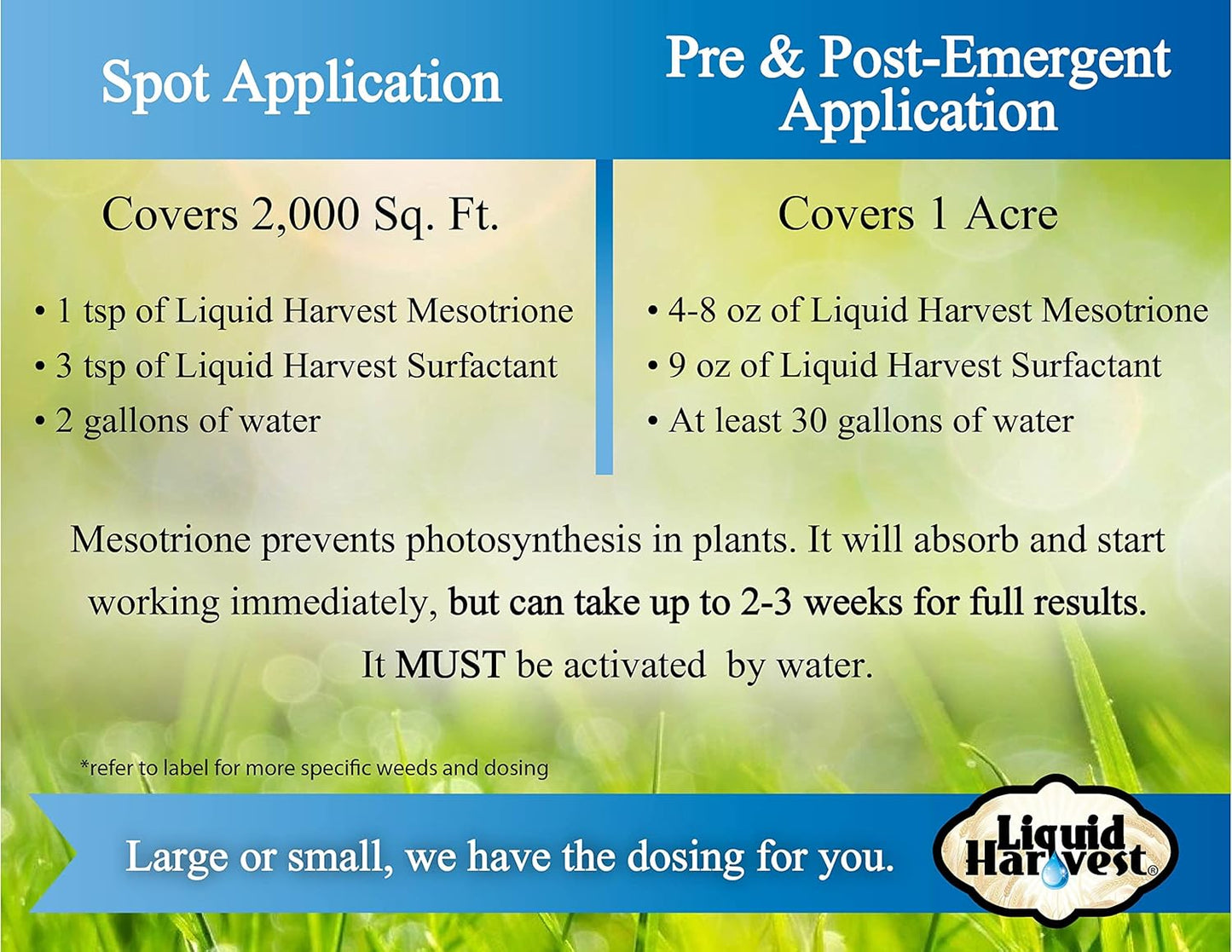 Liquid Harvest Mesotrione - 32oz - Mesotrione Concentrate (Compare to Tenacity) - Pre and Post-Emergent Weed Killer for Lawn and Turf Grasses