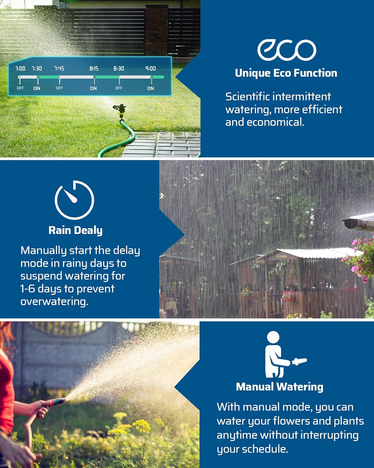 DEWENWILS Sprinkler Timer 3 Zone, Water Hose Garden Irrigation Timer with 4 Programmable Procedure and Low Battery Warning, Repeat Watering over Period, Faucet Controller with Rain Delay Mode for Lawn