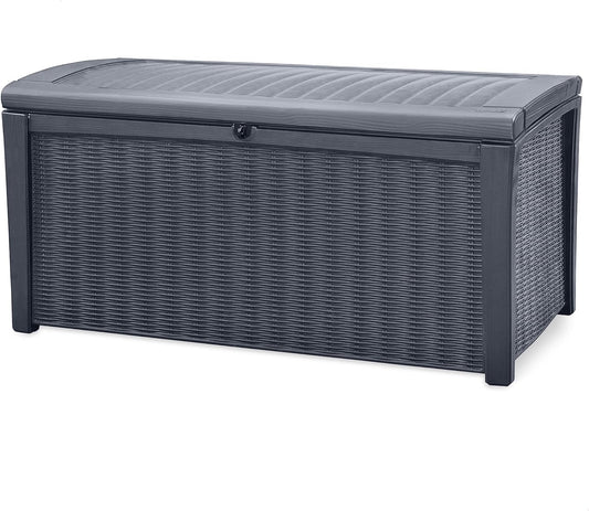 Keter Outdoor Storage Deck Box for Patio, Backyard & Garden, Borneo, 110 Gal, Grey - Lockable, Organizing, and Waterproof Plastic Container Bench