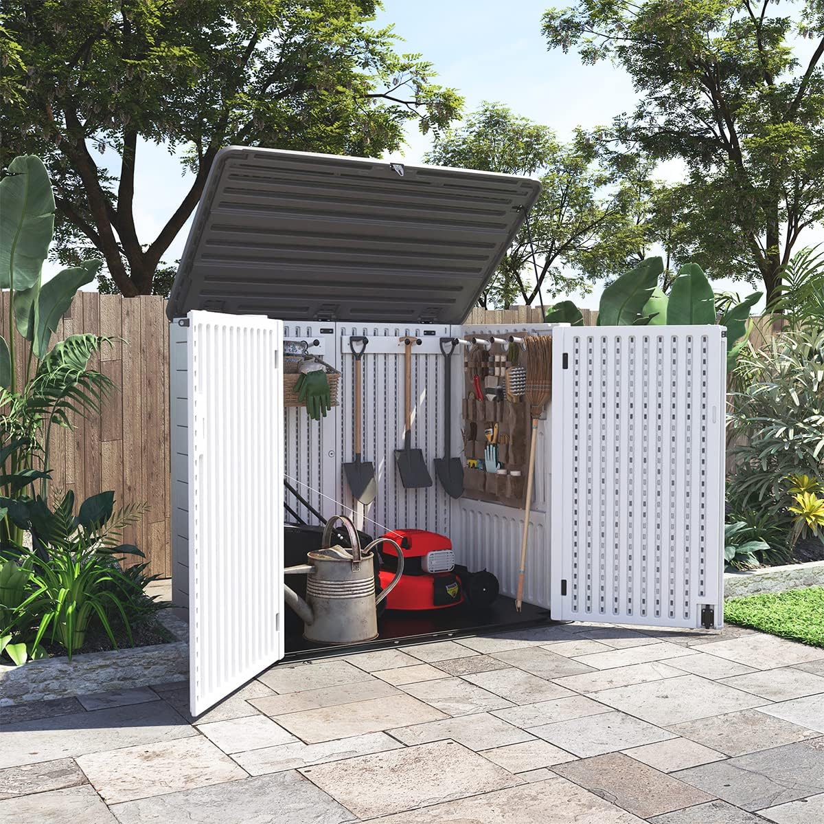 KINYING Larger Outdoor Storage Shed Weather Resistance, Horizontal Outdoor Storage Box Waterproof for Garden, Patios, Backyards, 48 Cu.ft Capacity for Garbage Cans, Lawn Mower, Garden Tools