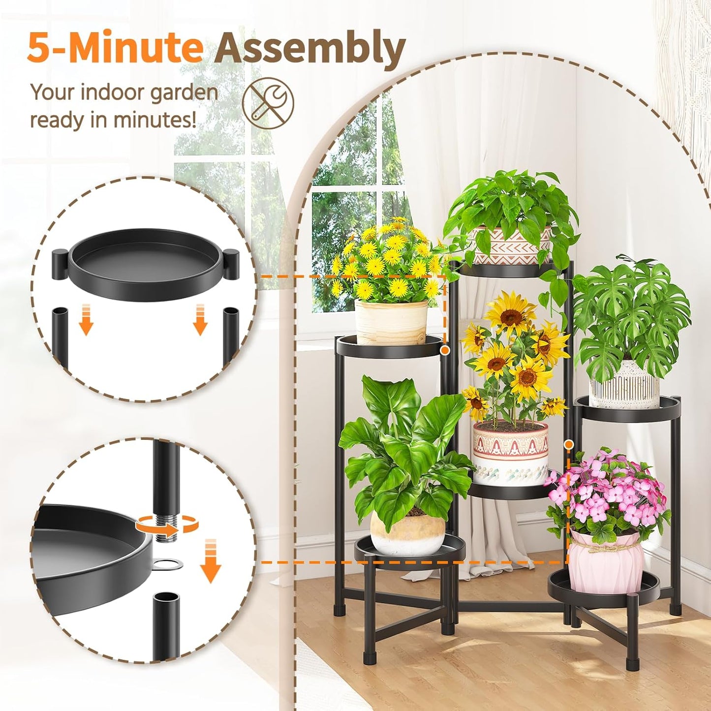 LASZOLA 6 Tiered Folding Plant Stand Indoor for Multiple Large Planter, Tall Heavy Duty Adjustable Rack with Rust Proof 10 Inch Wide Tray, Sturdy Vertical Tree Organizer for Narrow Inside Floor, Black