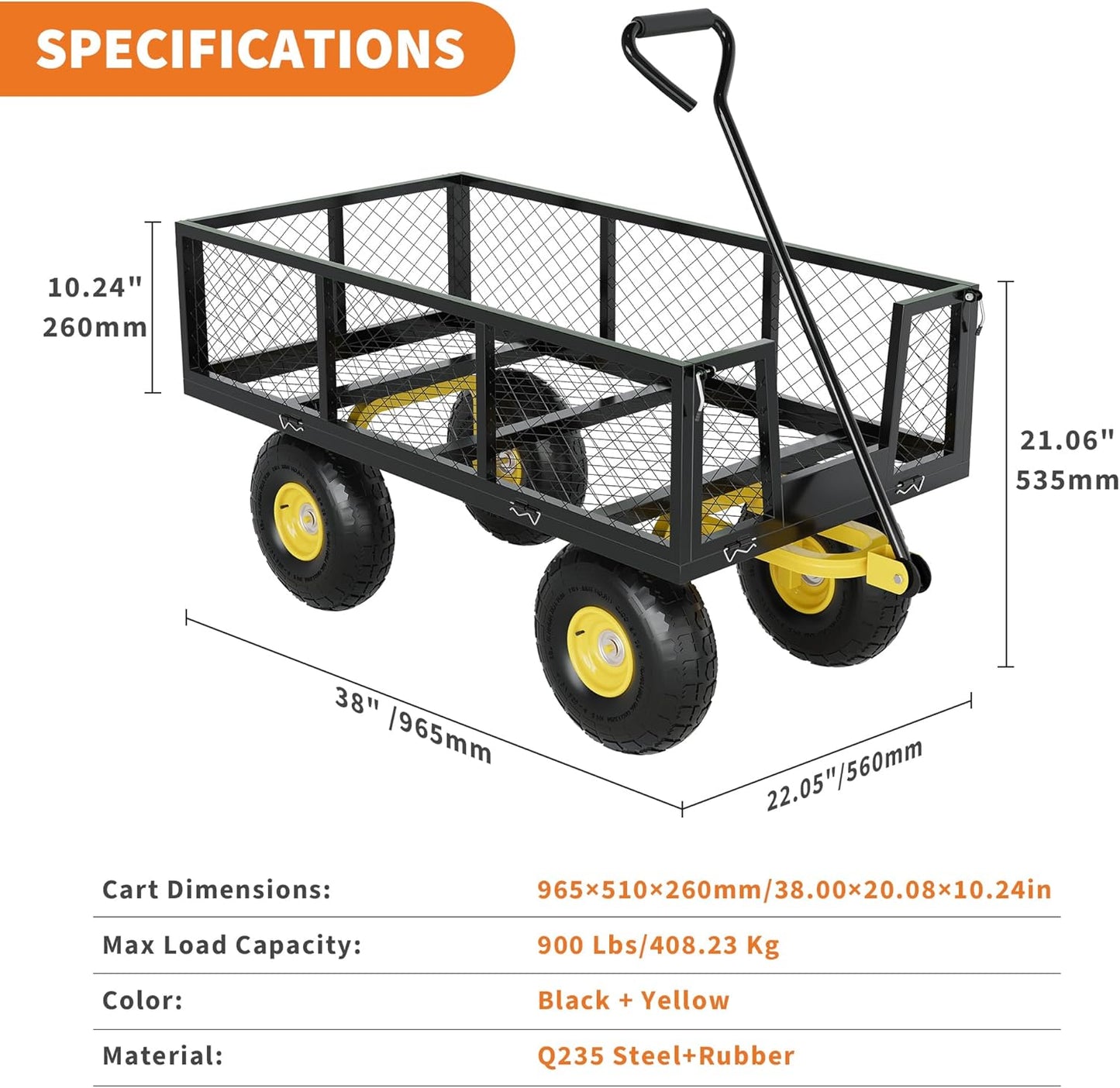 900 Lbs Garden Wagon, 2-in-1 Heavy-Duty Steel Garden Cart, with 10 Inch All-Terrain Tires and Removable Mesh Side Panels, 180° Rotating Handle, Metal Utility Yard Trailer, Outdoor Gardens Wagon Cart
