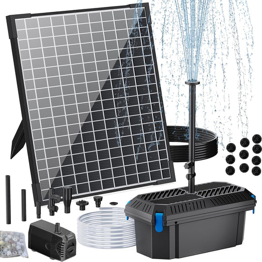 POPOSOAP 25W Solar Pond Filter with Water Pump, Solar Pond Filter Box Water Flow Adjustable, Pond Filter with PVC Tubing for Outdoor Ponds Fish Tank Pool Garden Water Feature Waterfall