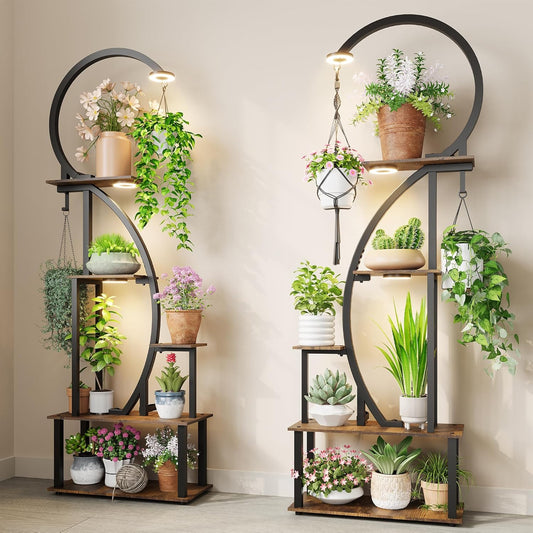 Indoor Plant Stand with Grow Lights, Half-Heart Shape Metal Shelf with Multiple Wood Boards and Hooks for Hanging & Potted Plants, Tall LED Display Rack for Living Room, Balcony Décor