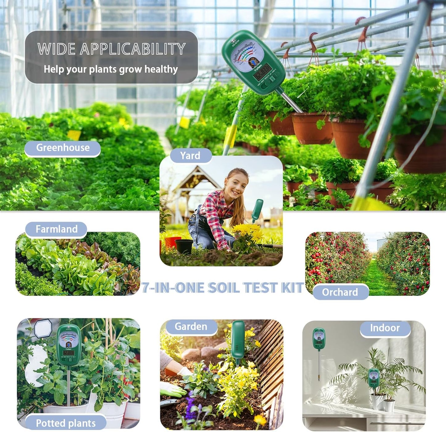 7-in-one Soil Test Kit, Soil Moisture Meter/Soil ph Meter/Fertility Soil Tester, Soil Hygrometer for Garden, Farm, Plant, Outdoor, Indoor, Lawn Care Moisture Meter for Hous Plants (No Battery Needed)
