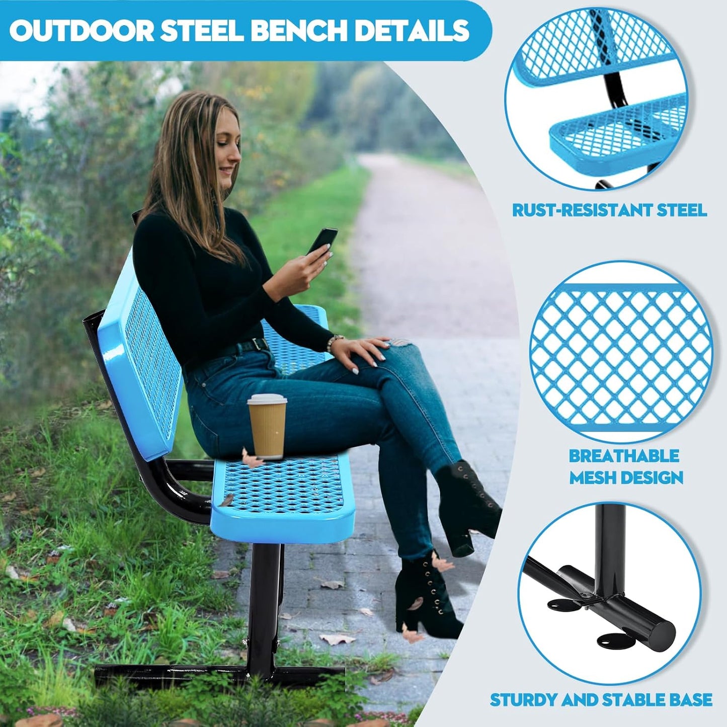 Thermoplastic Coated Iron Park Bench for Outside, Heavy Duty Metal Garden Bench, Expanded Commercial Grade Seating for Shopping Malls, Lawn Yard Porch Entryway (Blue with Backrest, 48IN)
