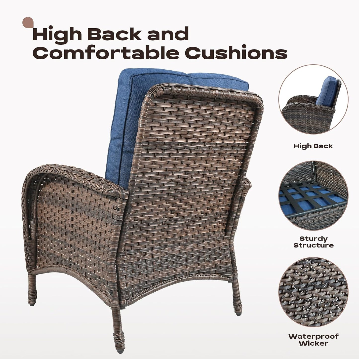 5 Piece Patio Furniture Set - Wicker Balcony Furniture Set with Hidden Ottomans, Rattan Outdoor Patio Chairs with Side Table for Porch Deck Poolside Garden Brown/Blue