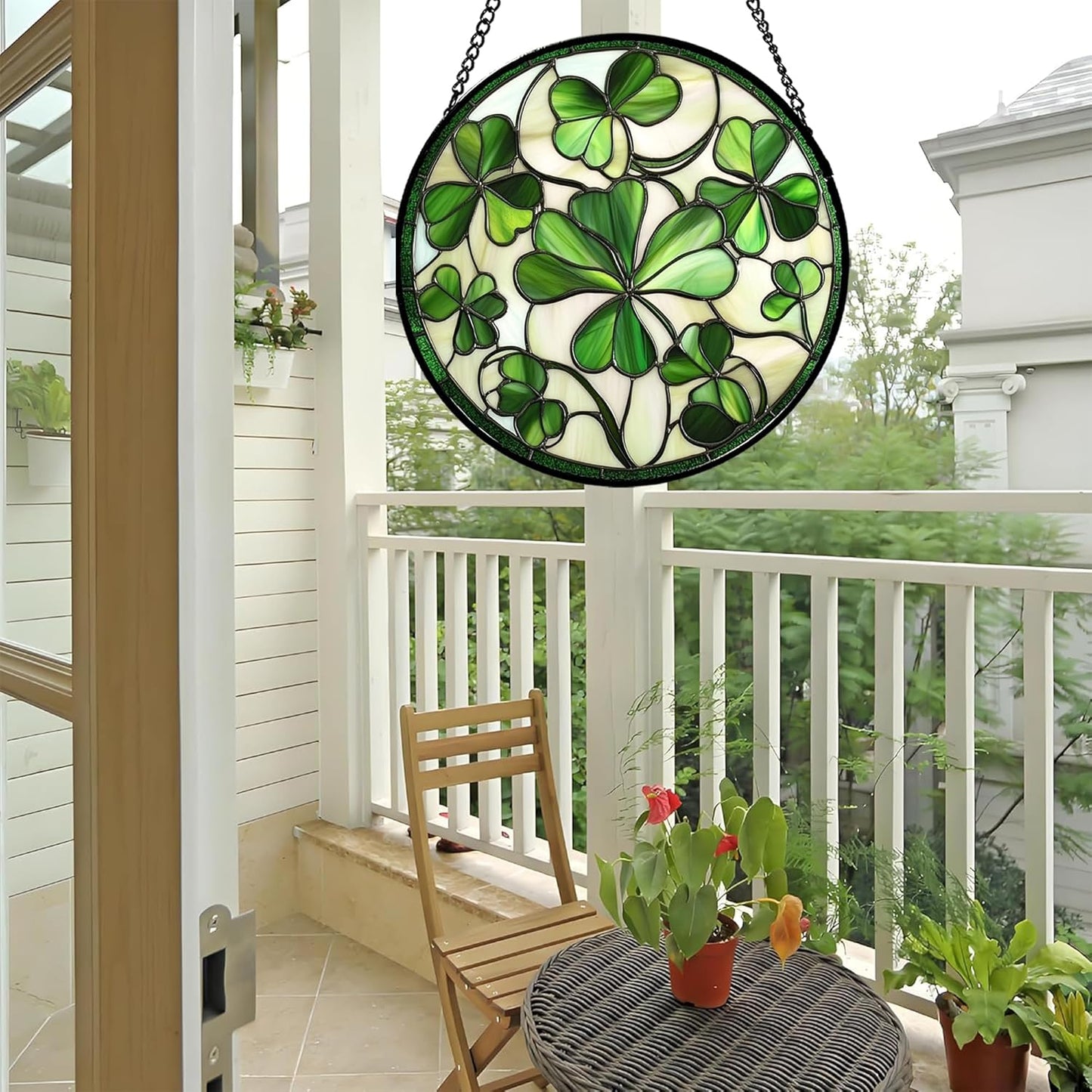 Stained Glass Window Hanging - Green Clover Flowers Suncatcher for Doors Garden St. Patrick's Day Plant Floral Sun Catchers Decor Mother's Day Birthday Gifts for Women Men Mom Nana 11.8 in