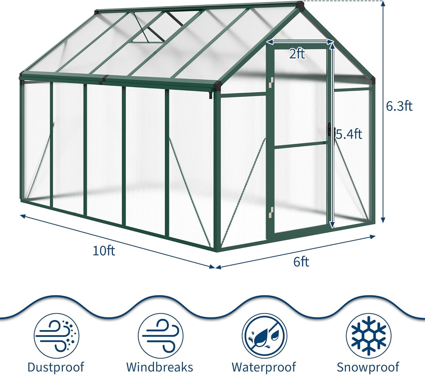 6x10 FT Greenhouse, Easy Assembly Aluminum Polycarbonate Greenhouses for Outdoors with Roof Vent and Ground Nails, Heavy Duty Aluminum Walk-in Greenhouse for Backyard, Sliding Lockable Door, Green