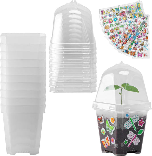 EBaokuup 10 Pcs Clear Plant Nursery Pots with Humidity Dome-3" Reusable Plastic Gardening Pot with Printed Labels-Small Seed Starting Pots for Seedlings,Vegetables,Succulents,Cuttings