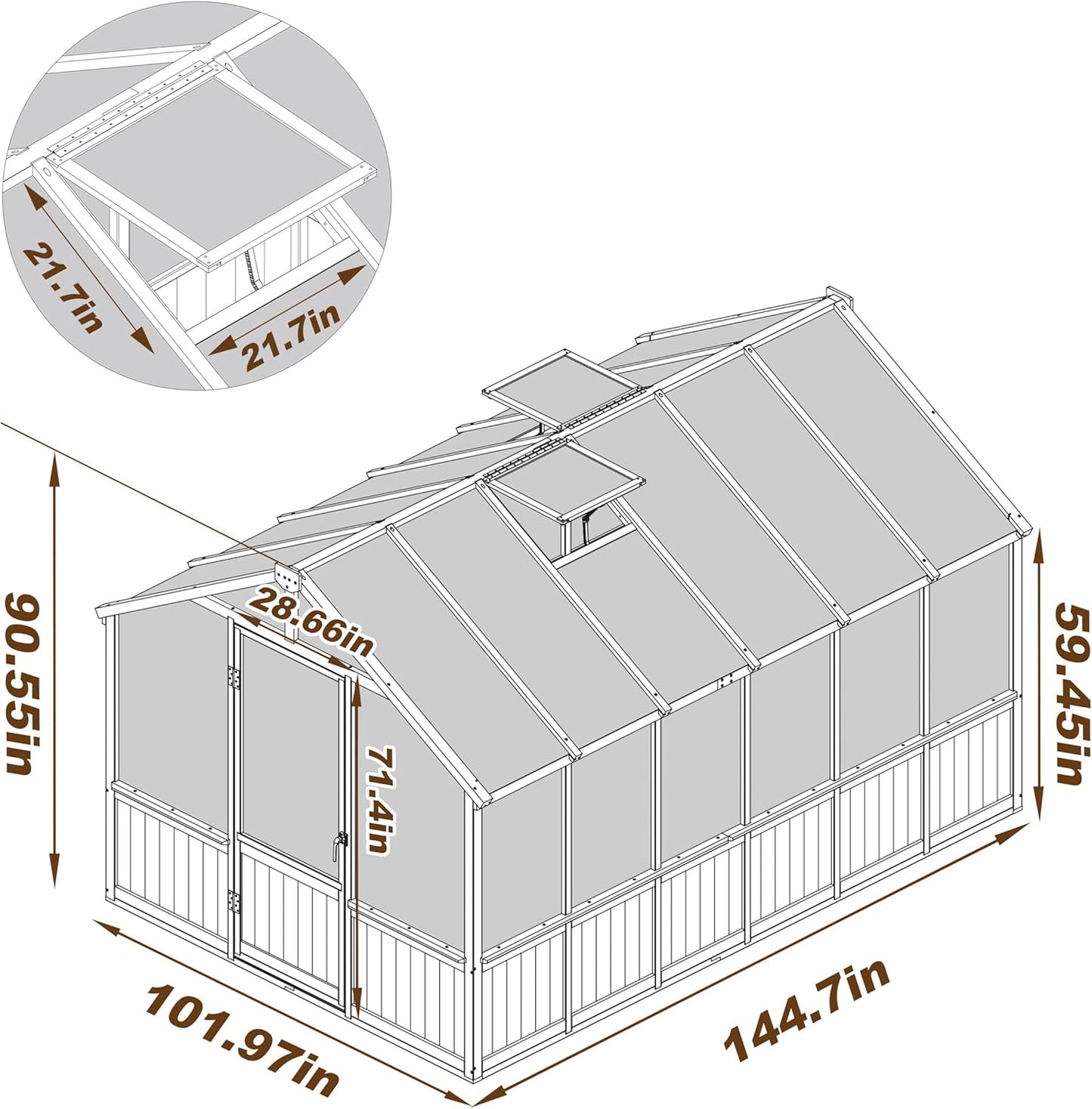 MUPATER 8' x 12' Outdoors Walk-in Greenhouse, Wood Greenhouse with Ventilated Window and Lockable Door, 6mm Polycarbonate Panels for UV Protection and Heat Insulation,Suitable for Patio, Backyard