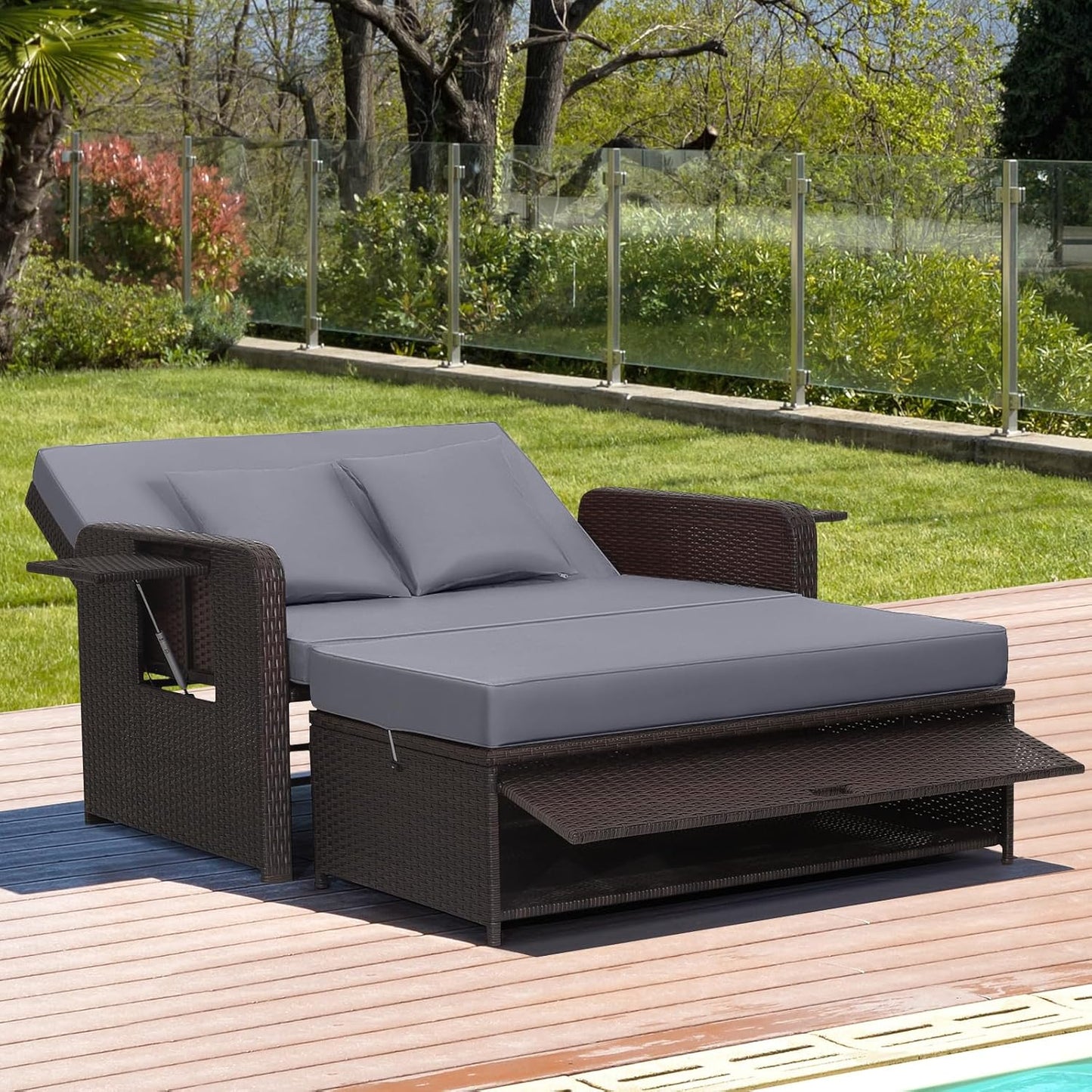 Tangkula Patio Rattan Daybed Set, Wicker Loveseat Sofa w/Multipurpose Ottoman & Retractable Side Tray, 4-Level Adjustable Backrest, Footstool w/Storage, Seat & Back Cushion Included