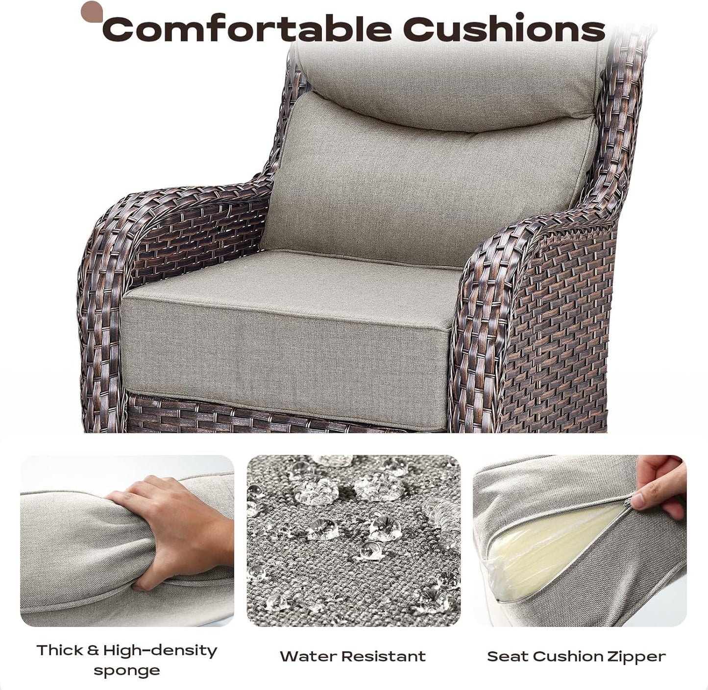 Wicker Outdoor Patio Furniture Set - 4 Piece Patio Conversation Set with Swivel Rocker Chairs and Ottomans, 6 inch Cushions, High Back, Deep Seating, for Porch Deck Garden Brown/Beige