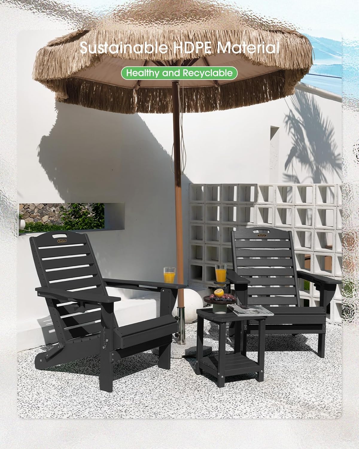 Adirondack Chairs Set of 4, Outdoor Fire Pit Chairs, HDPE All-Weather Adirondack Chairs with Cup Holder, Lawn Chair for Deck, Patio, Garden (Black)