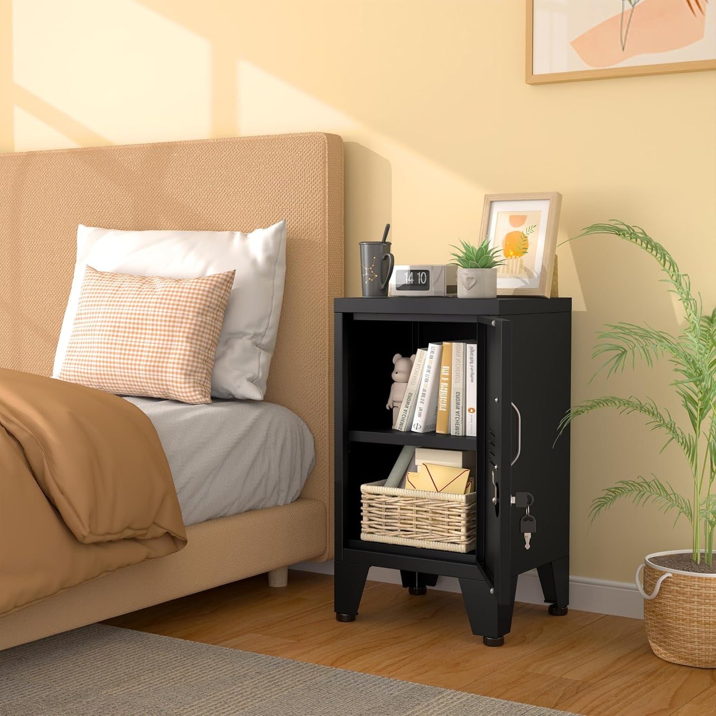24.4" H Black Metal NightStand Locker Storage Cabinet with 1 Doors, File Cabinet with Shelves, Storage Cabinet with Adjustable Leveling Foot for Home Office Living Room or Bed Room