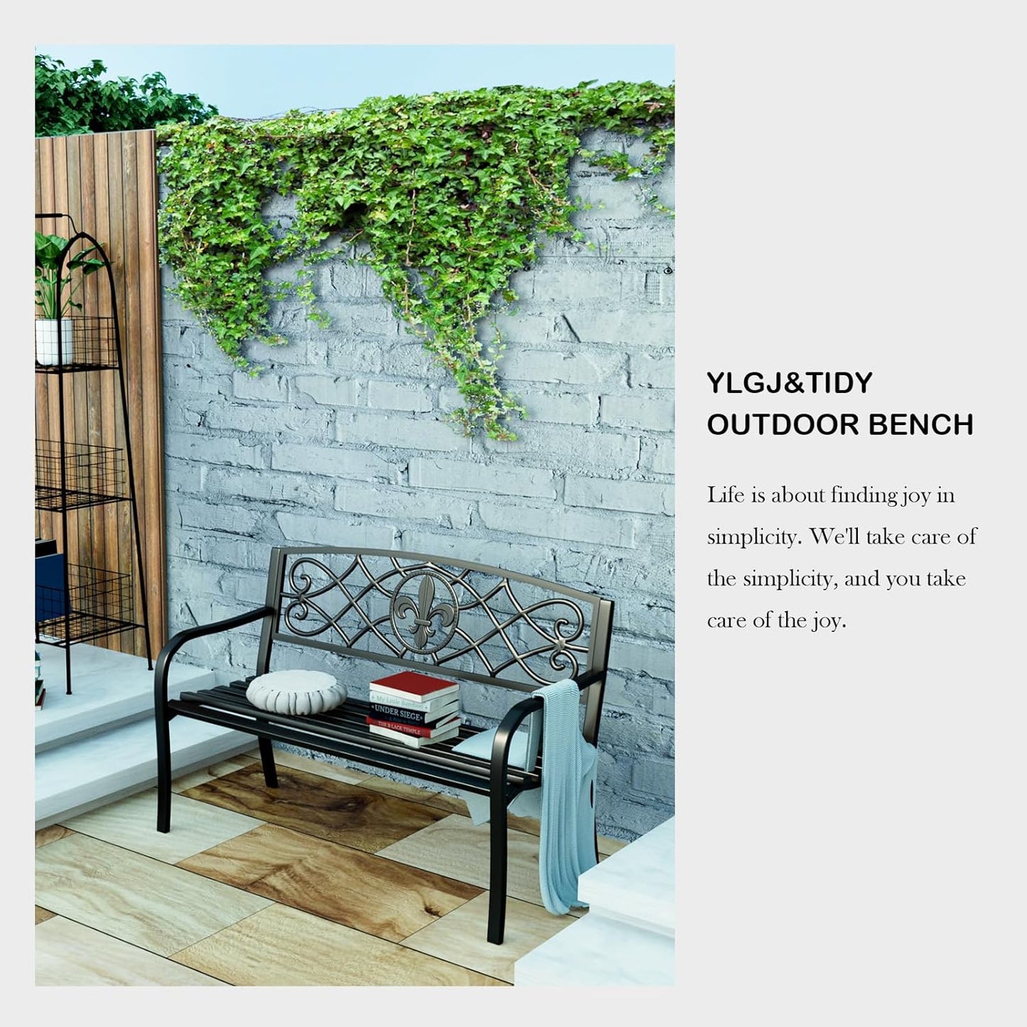 YLGJ&TIDY 50" Outdoor Bench, Metal Garden Bench, Patio Park Bench with Backrest & Armrests, Rust-Resistant, Perfect for Gardens, Parks, Porch, Lawn and Yard (BENCH01)