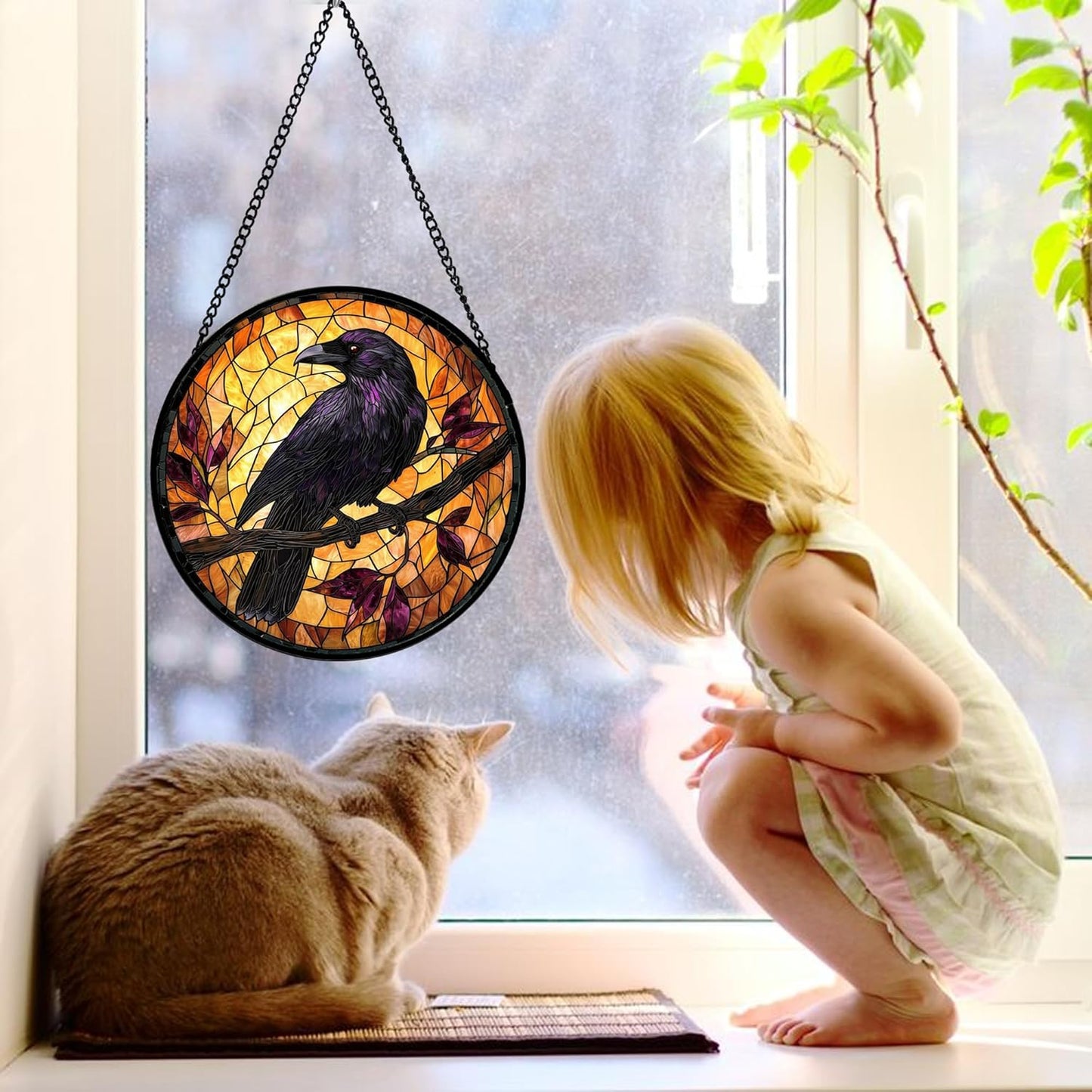Stained Glass Window Hanging - Crow on a Branch Suncatcher Ready to Hang Window Doors Home Decoration and Christmas, Mother's Day Birthday Gifts for Women, Men, and Mom 7.8x7.8 in