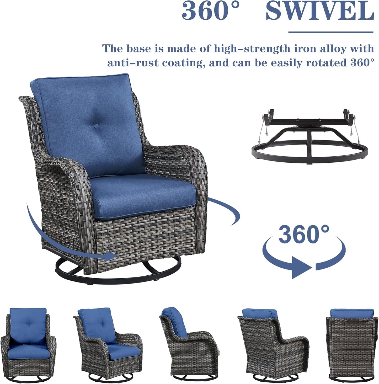 5 Pieces Patio Wicker Furniture Set - 4 Outdoor Swivel Rocker Glider Chairs with 50000BTU Propane Fire Pit Table, Warm Patio Conversation Set Blue Cushion Perfect for Casual Gathering