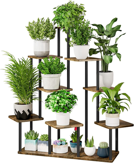 AZERPIAN Plant Stand 9 Tier Indoor Metal Flower Shelf for Multiple Plants Corner Tall Flower Holders for Patio Garden Living Room Balcony Bedroom, Black+Rustic Brown