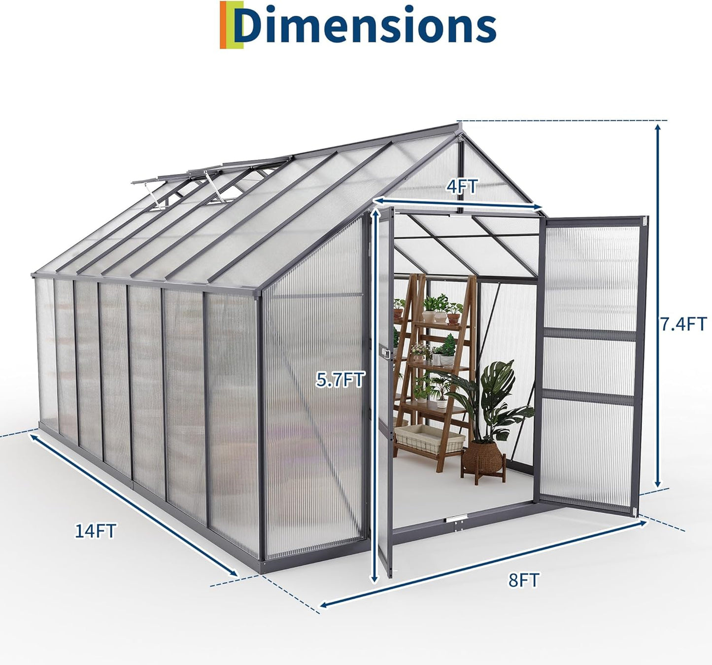 8*14 FT Outdoor Walk-in Greenhouse, Polycarbonate Green House, Heavy Duty Greenhouse with Vented Roof Window, Windproof Aluminum Frame, Suitable for Outside Gardening, Backyard, Patio