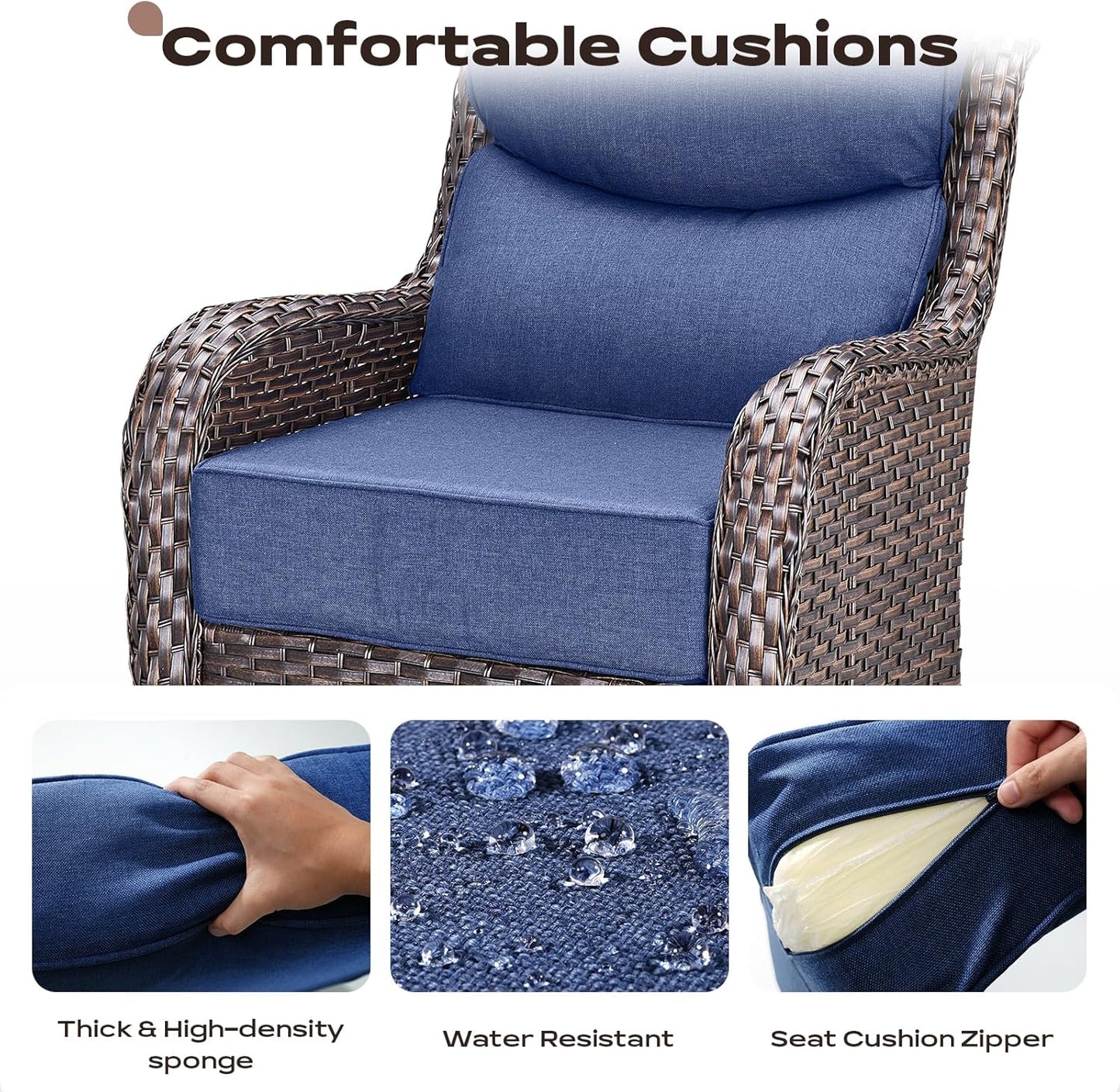Wicker Outdoor Patio Furniture Set - 5 Piece Patio Conversation Sets with Swivel Rocker Chairs, Ottomans and Side Table, 6 inch Cushions, Waterproof Wicker, for Porch Deck Brown/Blue