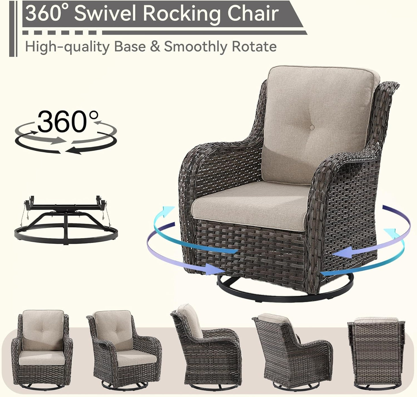 2 Pieces Outdoor Swivel Rocker Patio Chairs Set - Outdoor Wicker Patio Conversation Sets with 1 Side Table, Olefin Fabric Cushions Suitable for Backyard Deck and Porch, Beige