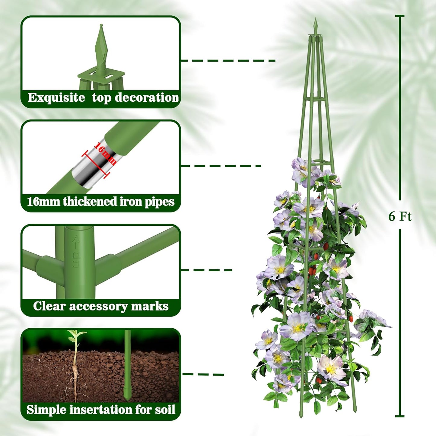 6FT Obelisk Trellis for Climbing Plants Outdoor, 16mm Rust-Proof Extra Thickened Plastic-Coated Metal Pipes, Indoor Climbing Support for Potted Plants, Vines, Flowers Stands,Green