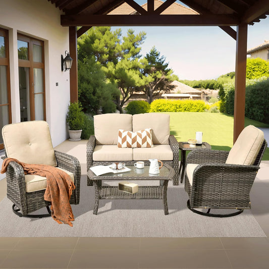 ovios 5 Pieces Patio Furniture Set, Outdoor Wicker Sofa with Swivel Chairs, Coffee Table, All Weather High Back Rattan Loveseat Couch with Comfy Cushions, Beige