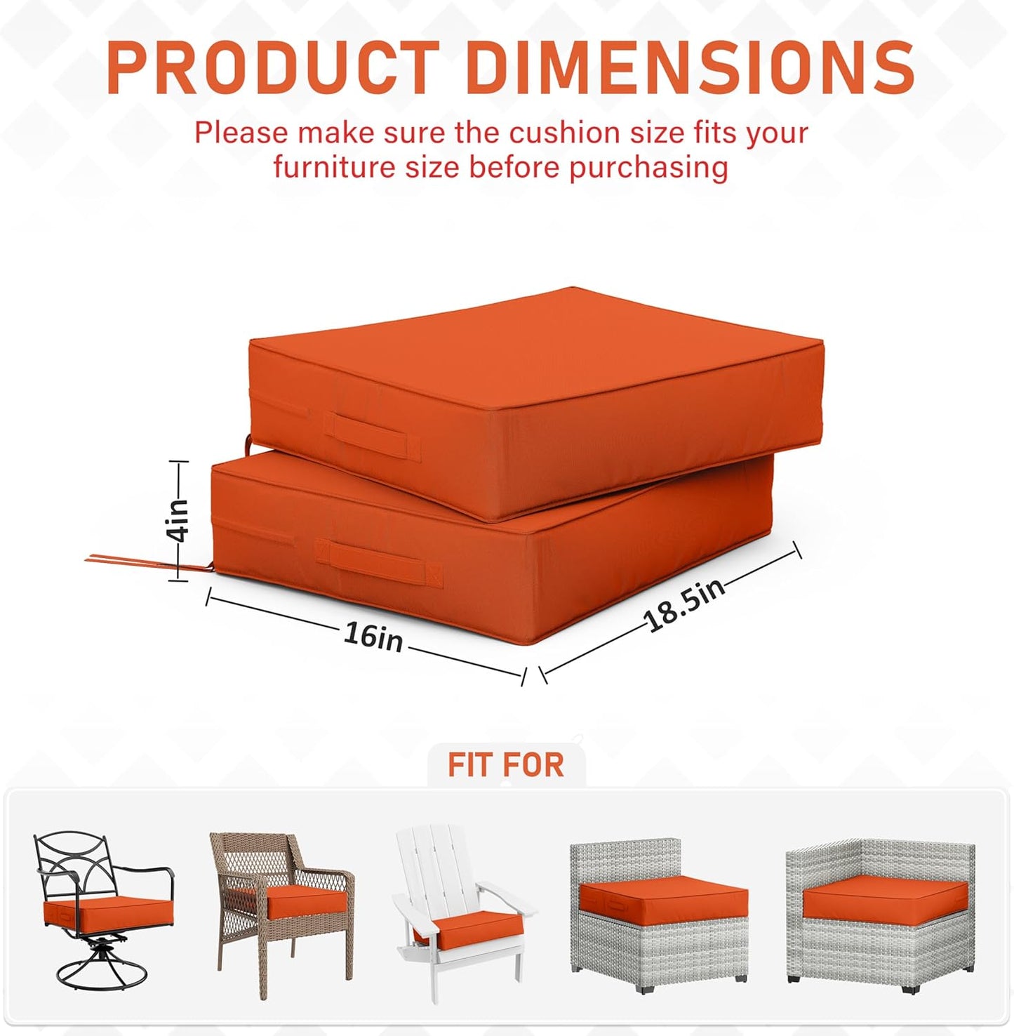 Patio Chair Cushions 18.5 X 16 X 4 Inch Waterproof Outdoor Seat Cushions for Patio Furniture, Outdoor Sofa Couch Pads with Ties & Handle, Set of 2, Orange