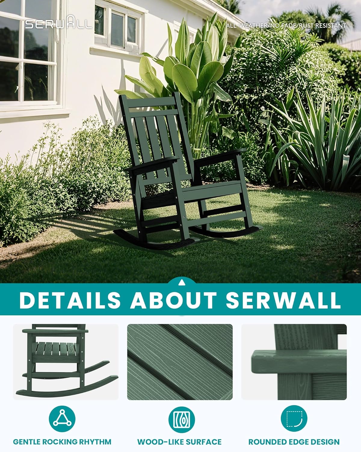 SERWALL Oversized Outdoor Rocking Chair Set of 4, HDPE Rocker for Adults, Patio Rocking Chairs for Porch, Green