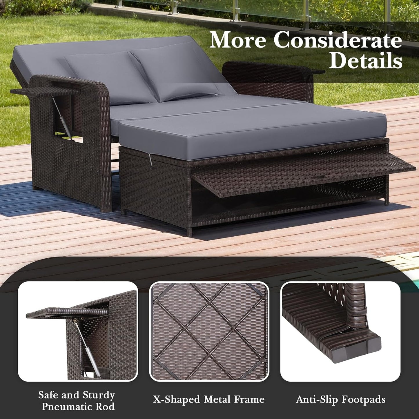 Tangkula Patio Rattan Daybed Set, Wicker Loveseat Sofa w/Multipurpose Ottoman & Retractable Side Tray, 4-Level Adjustable Backrest, Footstool w/Storage, Seat & Back Cushion Included