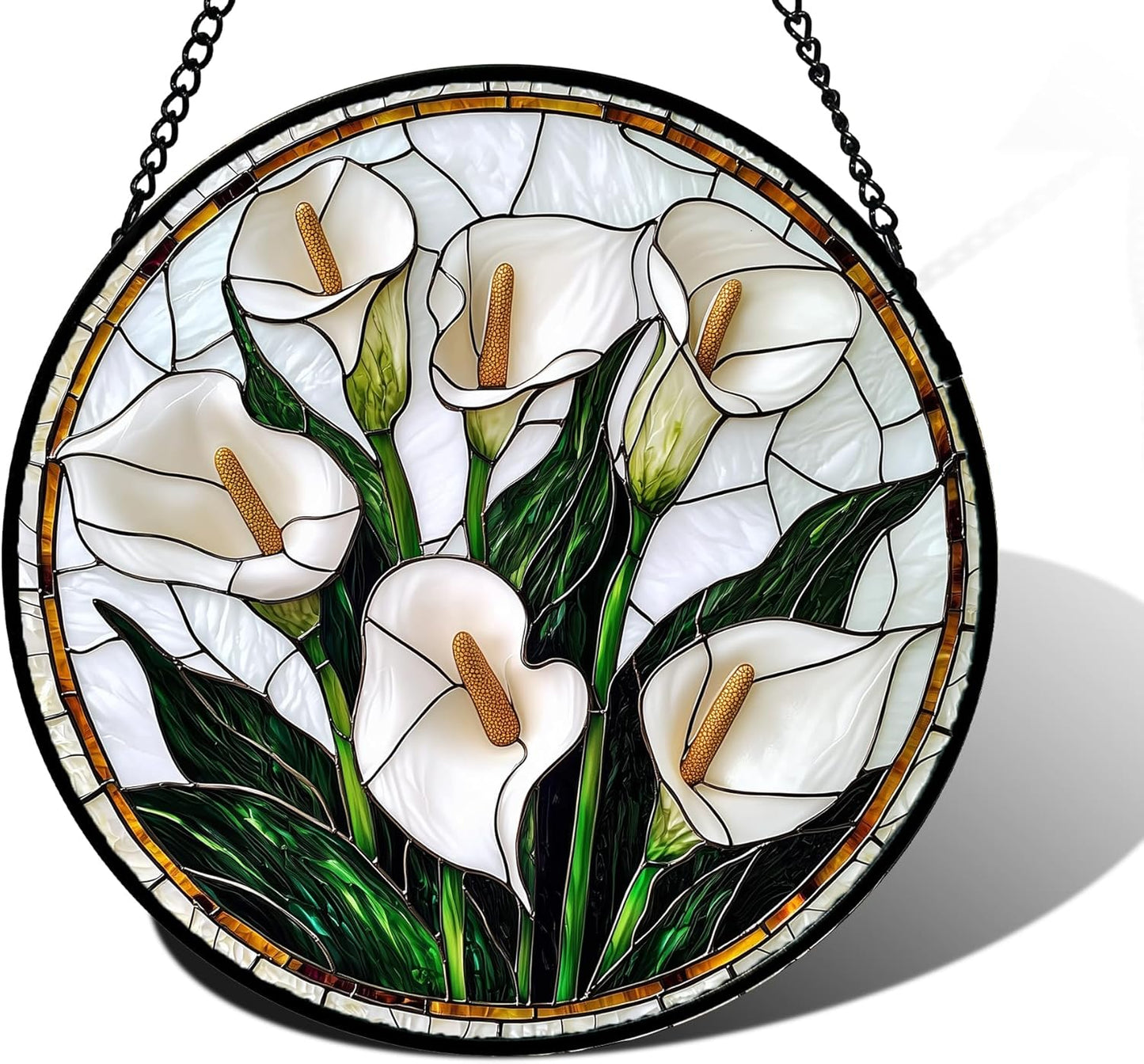 Stained Glass Window Hanging, White Calla Lily Flowers Sun Catchers Glass Panel Plant Suncatcher Decor for Birthday for Women, Men, Wife, Aunt, and Mom 9.8 in
