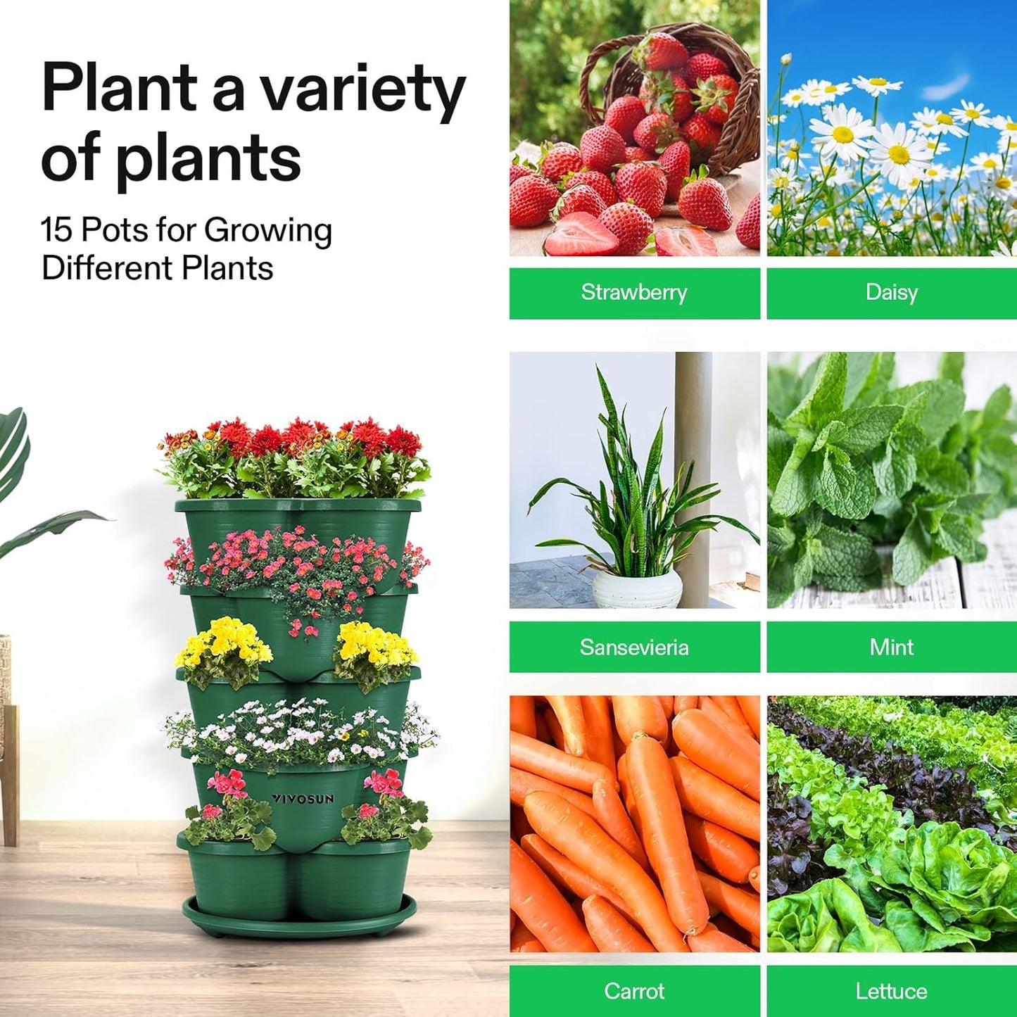 VIVOSUN 5 Tier Vertical Gardening Stackable Planter for Strawberries, Flowers, Herbs, Vegetables, Dark Green