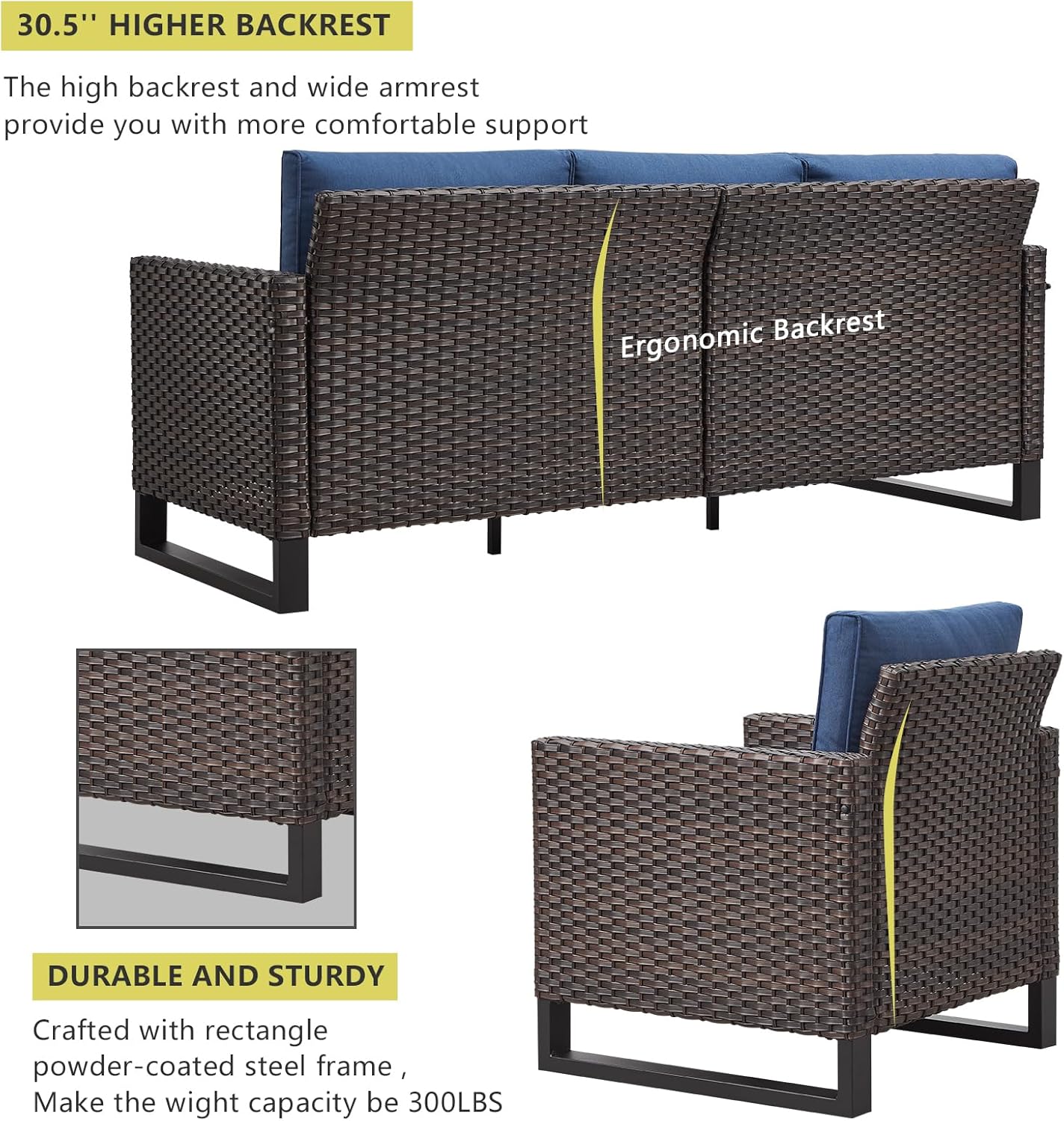 HUMMUH 8 Piece Patio Furniture Set PE Wicker Outdoor Sectional Sofa and Patio Swivel Chairs Outdoor Dining Table Ottomans for Porch,Garden,Backyard,Deck(Brown/Blue)