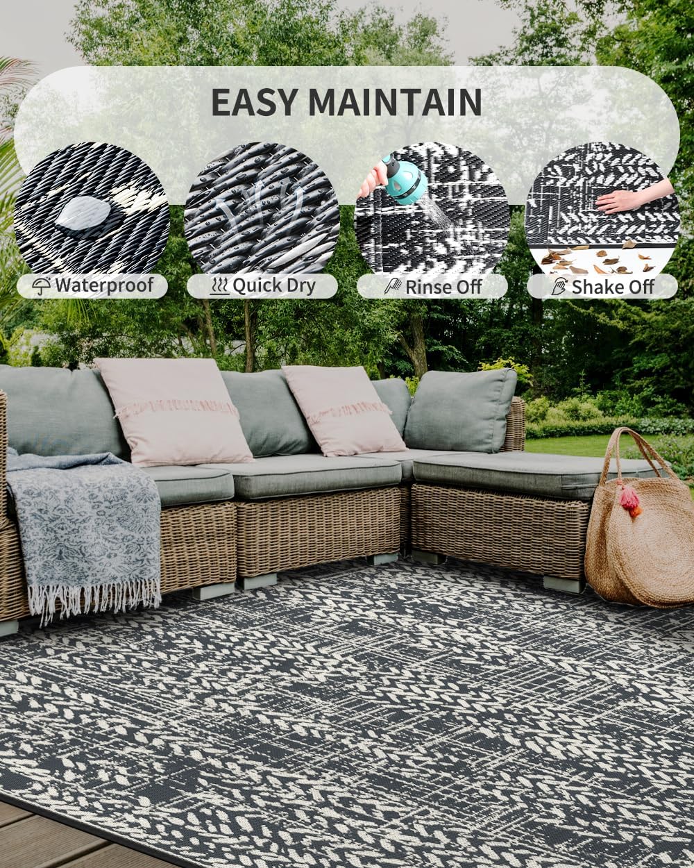 MontVoo Outdoor Rug Waterproof-Patio Rug Mat 6x9 Outdoor Carpet Reversible RV Camping Picnic Plastic Straw Rug Outside Outdoor Area Rug for Balcony Deck Backyard Patio Decor Boho Modern Abstract