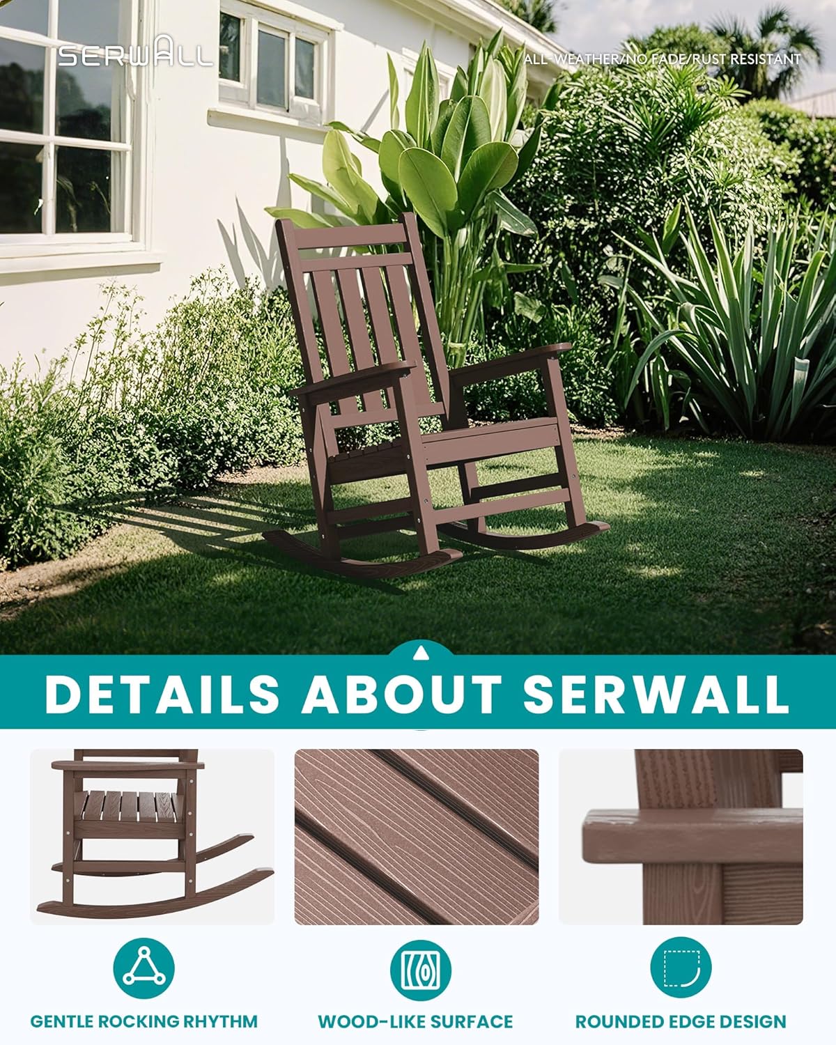 SEWALL HDPE Rocking Chair, Oversized Outdoor Rocking Chair for Adults, Patio Rocker for Porch, Brown