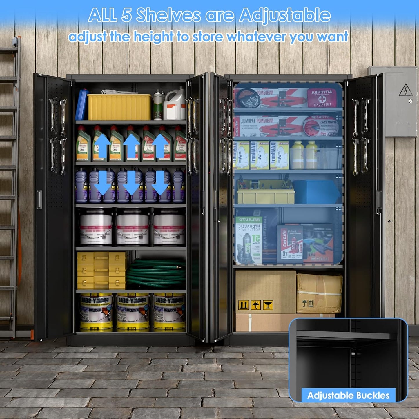 Metal Storage Cabinet, 71" H×34" W×18" D Garage Storage Cabinet with Pegboard, 5 Adjustable Shelves and 2 Doors for Garage Home Office, Lockable File Cabinet, Black, Assembly Required