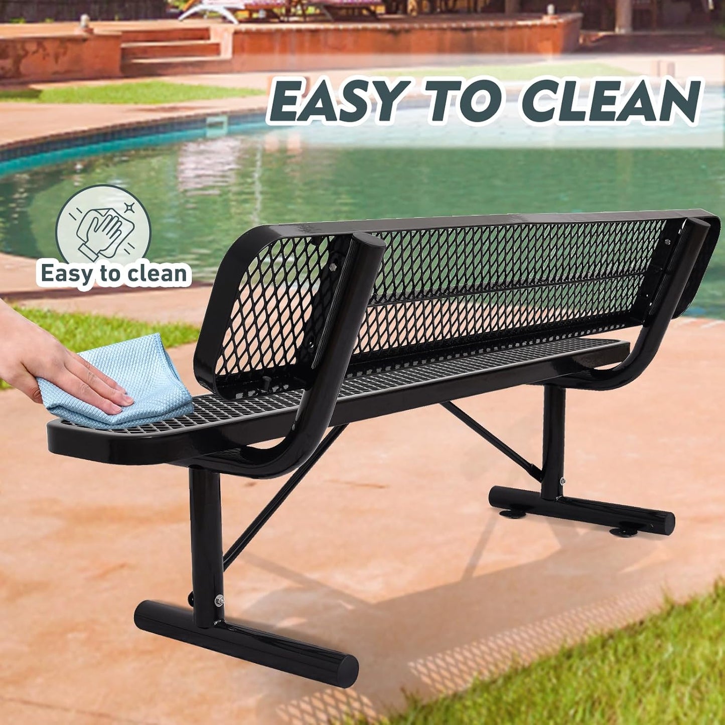 Thermoplastic Coated Iron Park Bench for Outside, Heavy Duty Metal Garden Bench, Expanded Commercial Grade Seating for Shopping Malls, Lawn Yard Porch Entryway (Black with Backrest, 72IN)