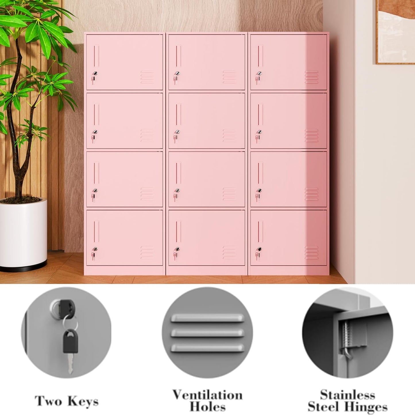 4 Door Metal Storage Locker Cabinet for Office, Home, Gym, School, Steel Cabinet to Storage File, Toys, Shoes and Sports Equipment, Locker Organizer for Gym Office Bedroom (4 Door, Pink)