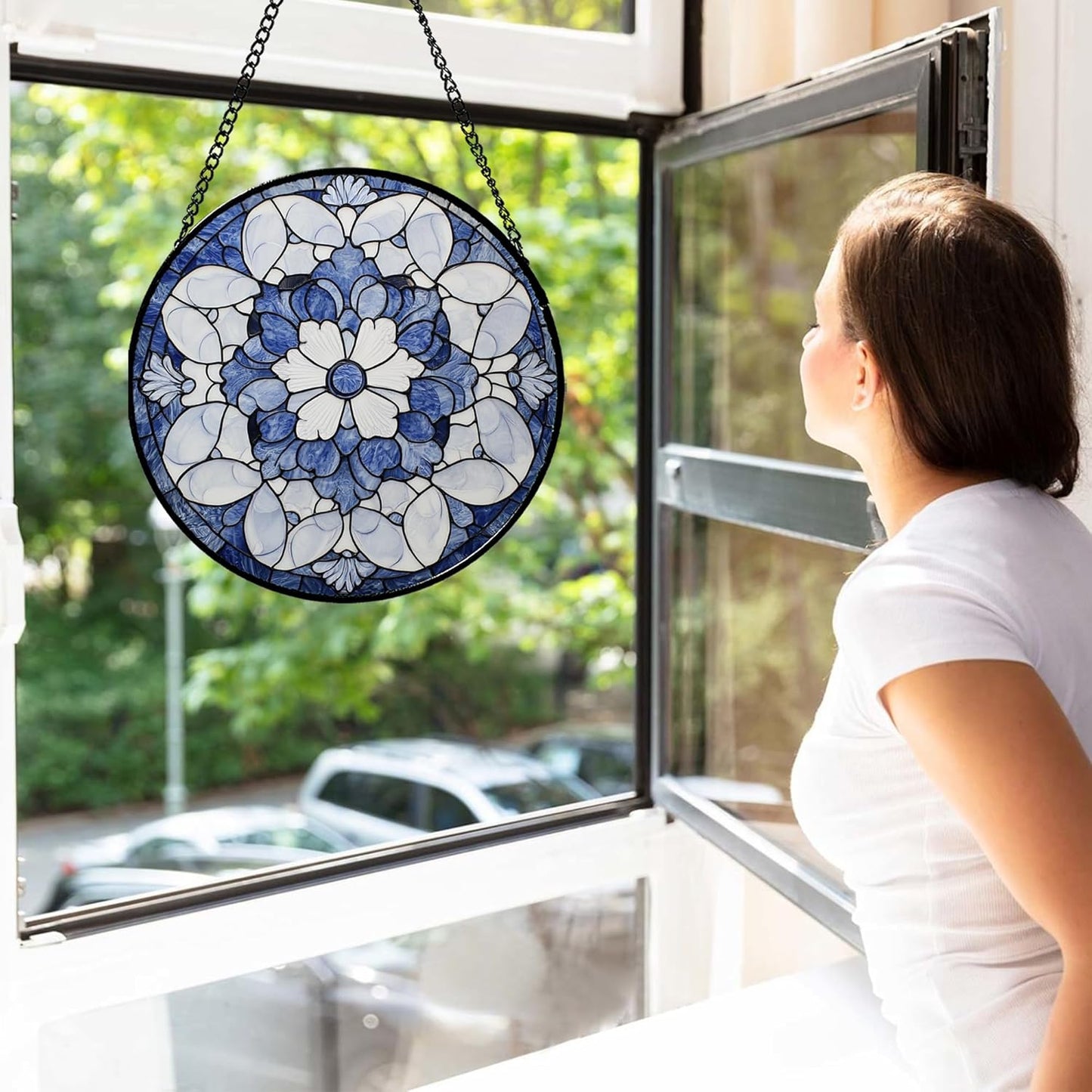 Stained Glass Window Hanging - Blue White Floral Pattern Suncatcher for Doors Garden Retro Sun Catchers Decor Christmas Mother's Day Birthday Gifts for Women Men Mom Nana Friend Girl 15 in