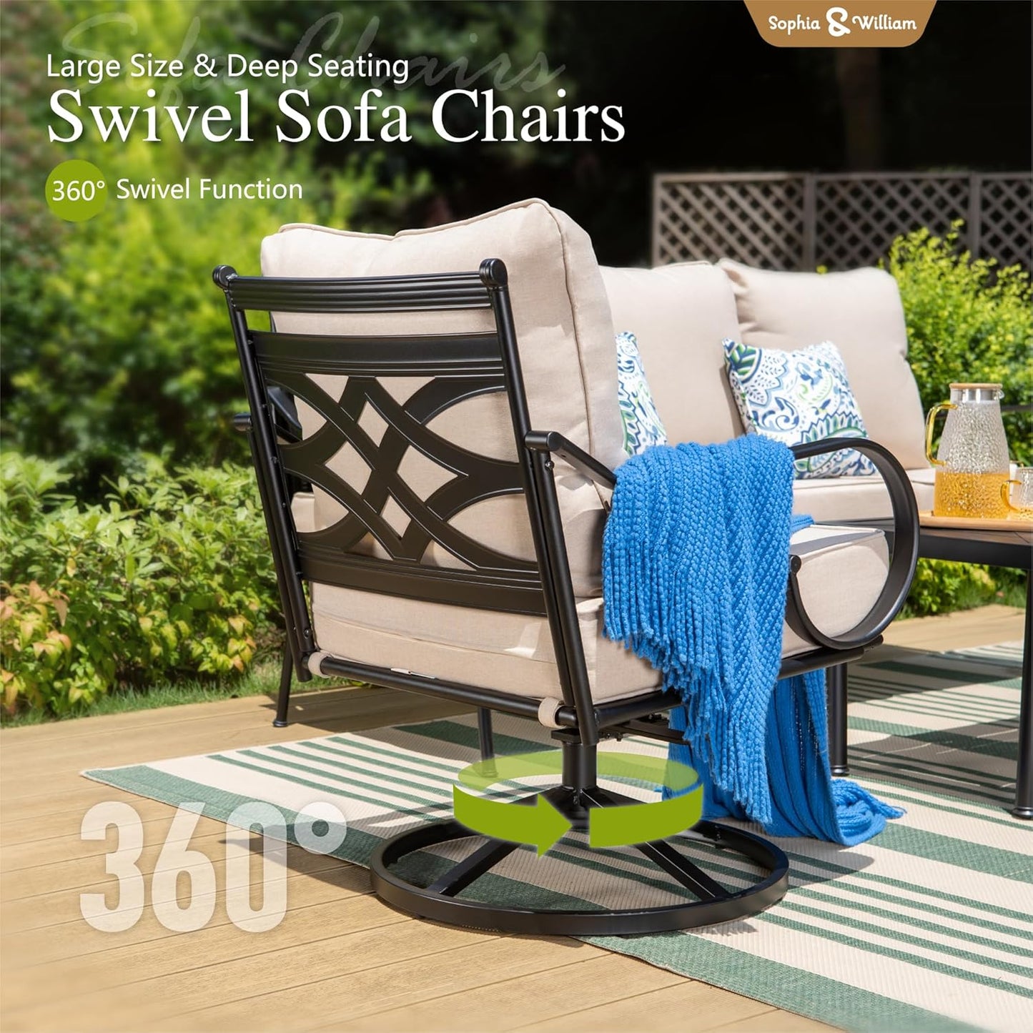 Sophia & William 6 Piece Patio Furniture Set Outdoor Couch Sofa, Sectional Conversation Sets 7 Seat Clearance with 3-seat Sofa x 1, Swivel Chair x 2, Cushioned Chair x 2, Metal Coffee Table x 1, Beige