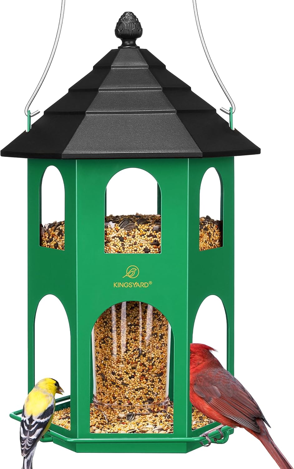 Kingsyard Metal Bird Feeder for Outdoor Hanging, Wild Bird Feeders with Circular Perch, Easy to Clean & Refill, 4 lbs Large Seed Capacity, Green