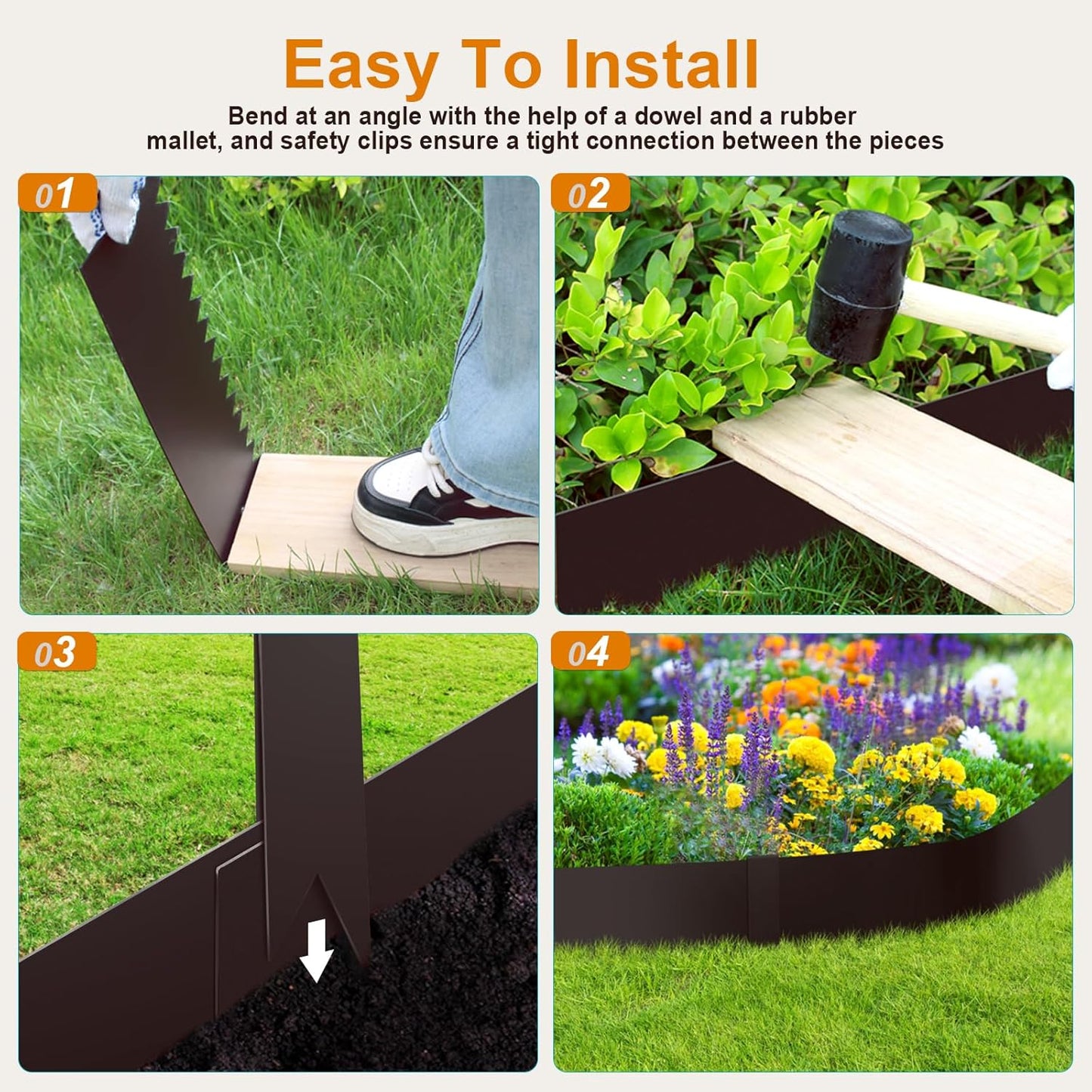 40" L x 8" H Metal Landscape Edging, Heavy Duty Galvanized Steel Garden Edging,6 Pack Steel Landscape Edging with Clips for Lawn, Flower Bed, Yard (Brown)