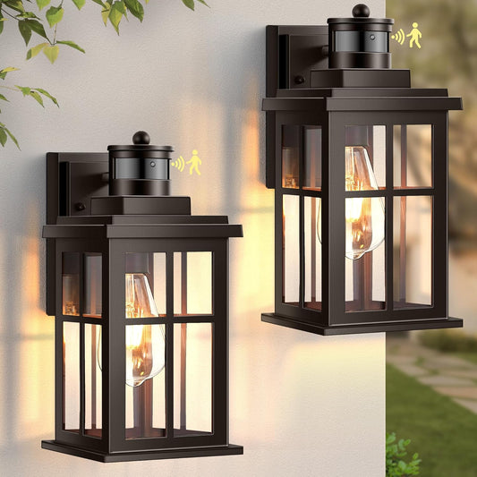 Outdoor Motion Sensor Light, 2 Pack Outside Sconce, Bronze Motion Sensor for Outside, Anti-Rust, Outdoor Light Fixture with Tempered Clear Glass for House, Garage,Entryway, Waterproof