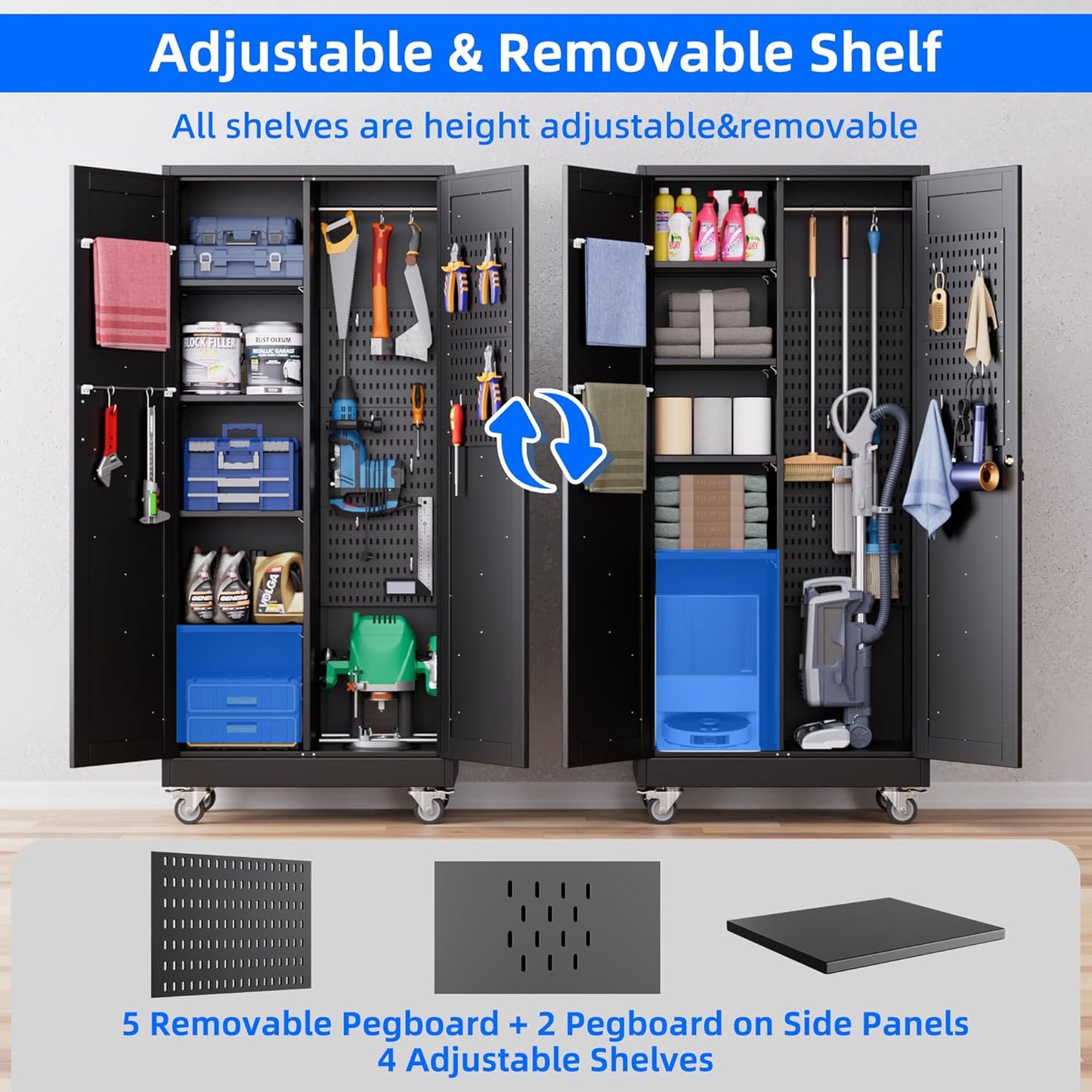 31.5 in Wide Garage Storage Cabinet, Metal Tool Cabinet with 4 Adjustable Shelves, Garage Storage System with Lockable Door for Offices, Gyms and Pantries, Black
