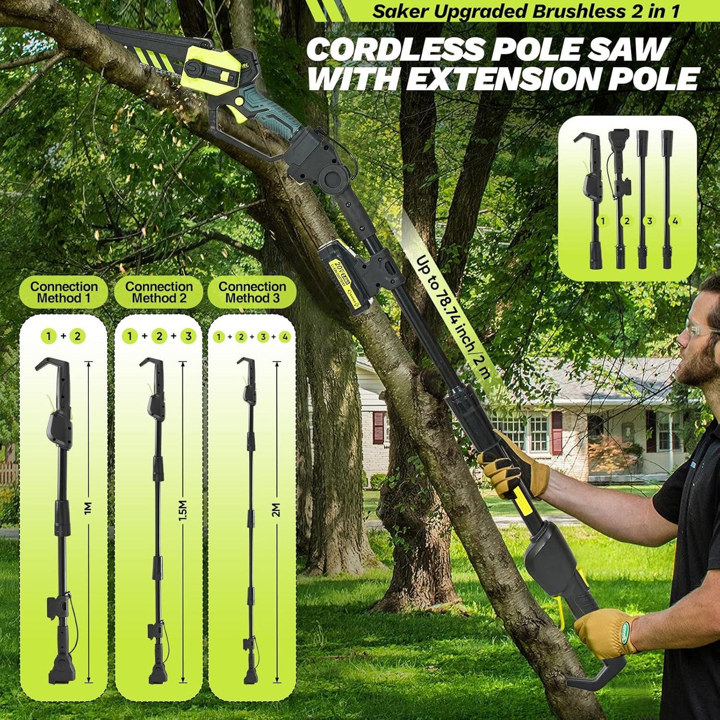 Saker Cordless Pole Saw and Mini Chainsaw,2-IN-1 Pole Chainsaws,Brushless Electric Pole Saws Battery Powered 6 Inch Chain Saw, 78.74 Inch Max Reach Tree Trimmer Pole Saw(1 Battery)